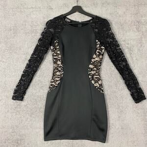 BCX Mini Sheath Dress Women's 9 Black Sequin Crochet Lace Long Sleeve Cocktail